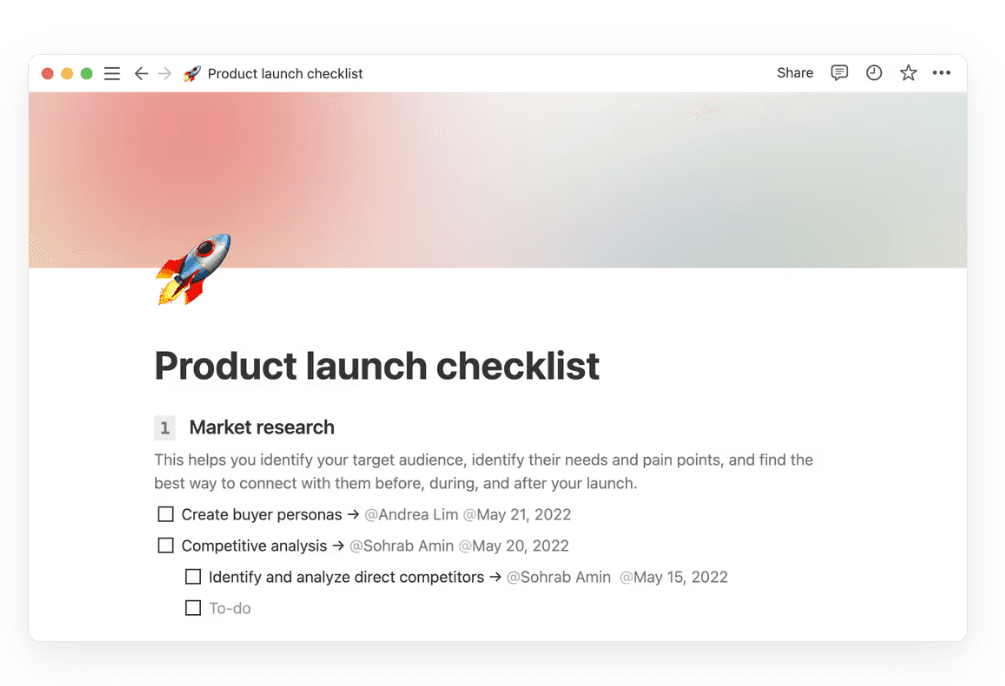 A Notion product launch checklist template showing market research tasks with assigned owners and due dates