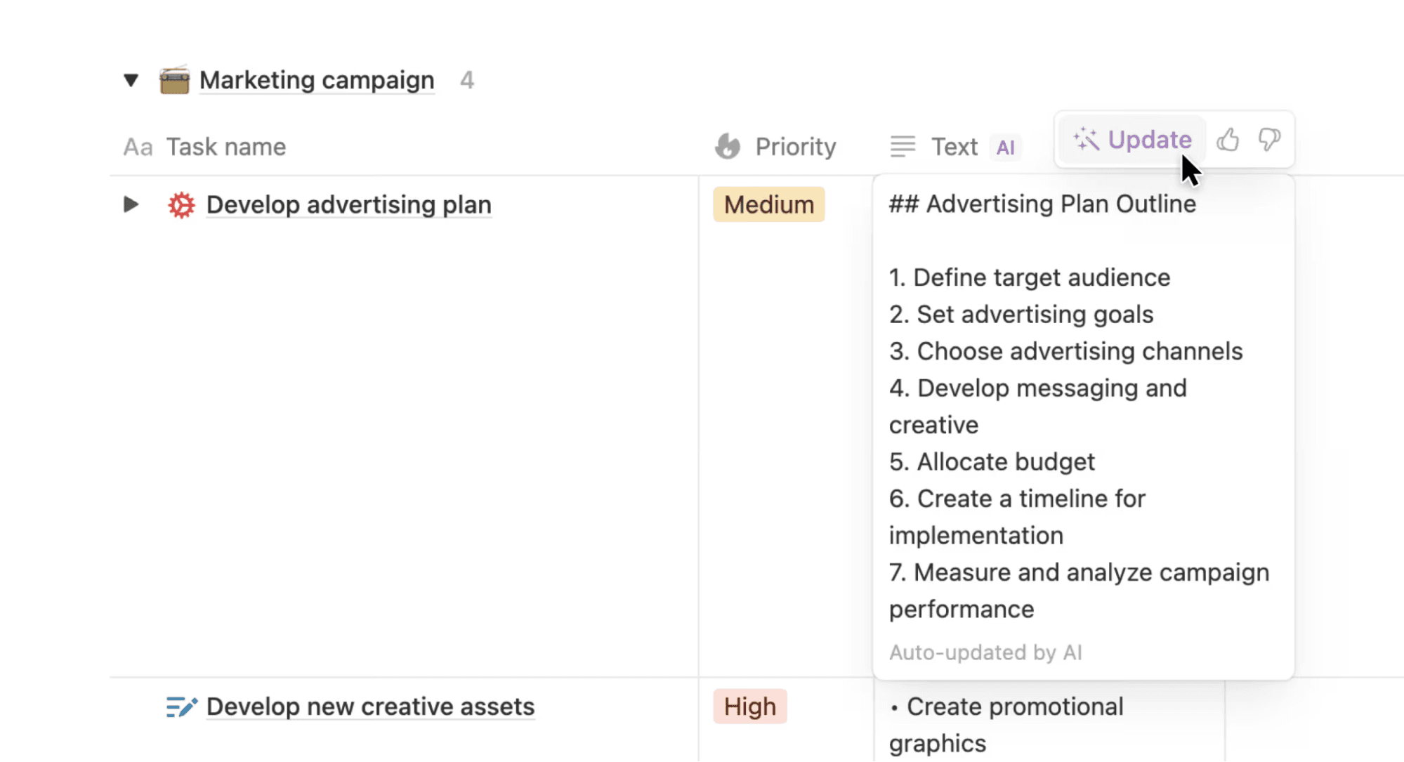 An example of using Notion AI to auto-update a document summary