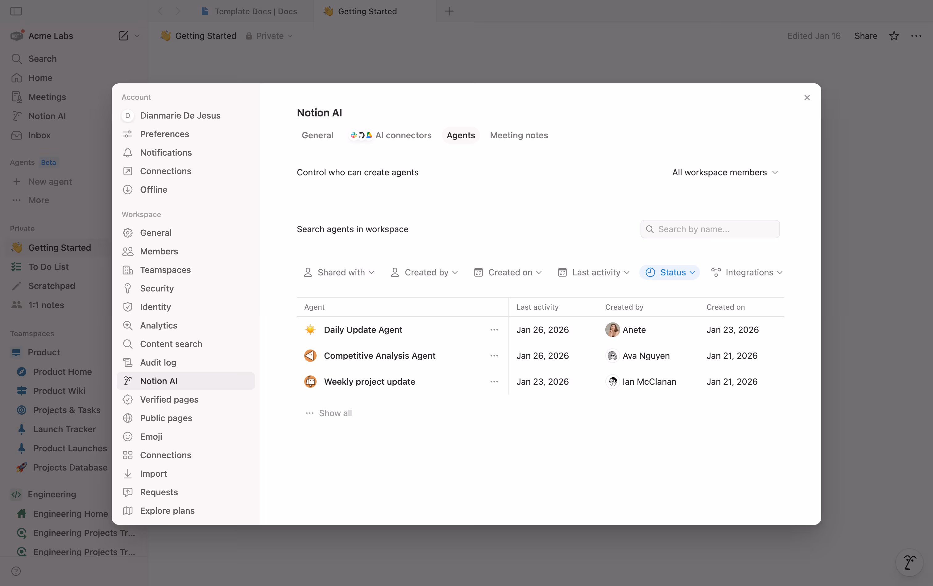 Notion AI内のエージェントディレクトリの画像。